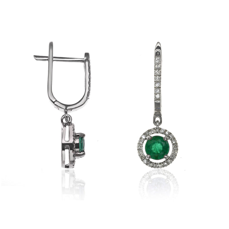 E-42346-EM-W  Diamond & Emerald Halo Drop Earrings