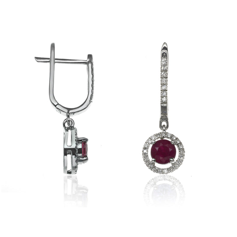 E-42346-RU-W  Diamond & Ruby Halo Drop Earrings