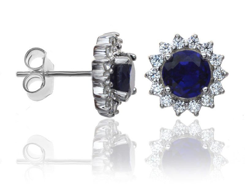 E-16329-SA-W  Diamond & Sapphire Cluster Earrings