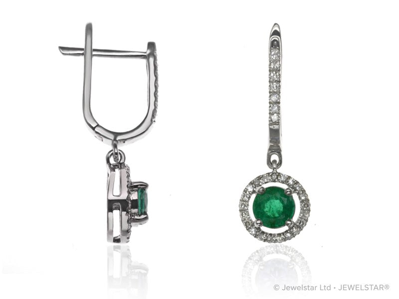 E-42346-EM-W  Diamond & Emerald Halo Drop Earrings