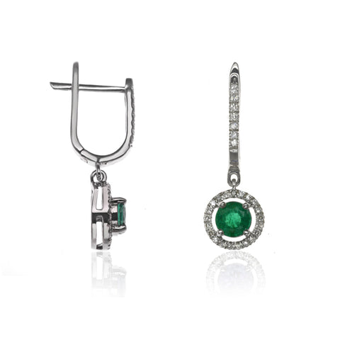 E-42346-EM-W - Diamond & Emerald Halo Drop Earrings