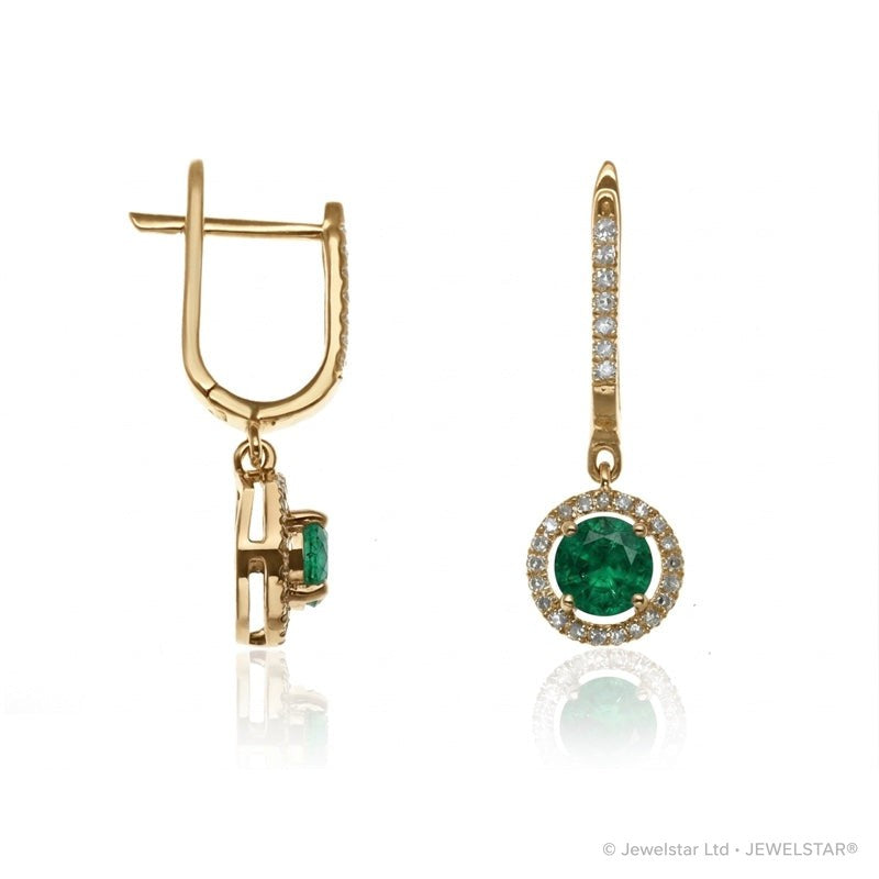 E-42346-EM-Y  Diamond & Emerald Halo Drop Earrings