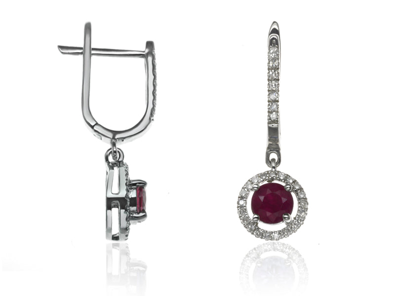 E-42346-RU-W  Diamond & Ruby Halo Drop Earrings