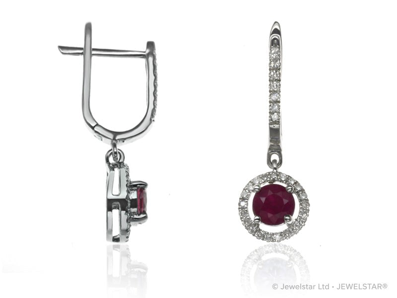 E-42346-RU-W  Diamond & Ruby Halo Drop Earrings