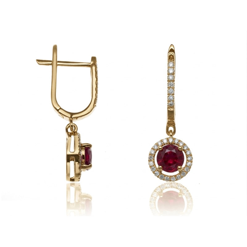 E-42346-RU-Y  Diamond & Ruby Halo Drop Earrings