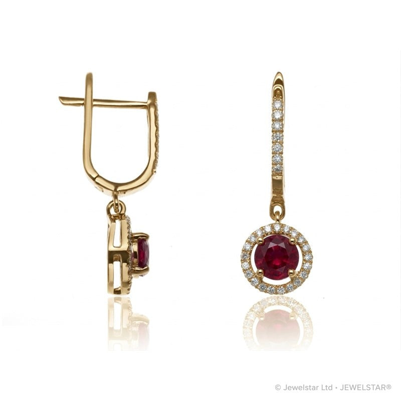 E-42346-RU-Y  Diamond & Ruby Halo Drop Earrings