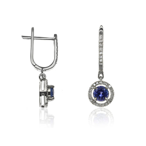 E-42346-SA-W - Diamond & Sapphire Halo Drop Earrings