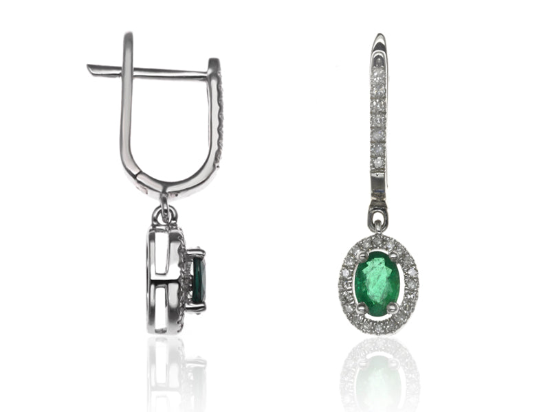 E-42347-EM-W  Diamond & Emerald Halo Drop Earrings