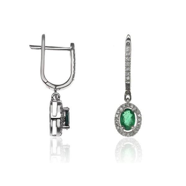 E-42347-EM-W - Diamond & Emerald Halo Drop Earrings
