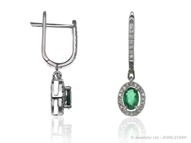 E-42347-EM-W  Diamond & Emerald Halo Drop Earrings