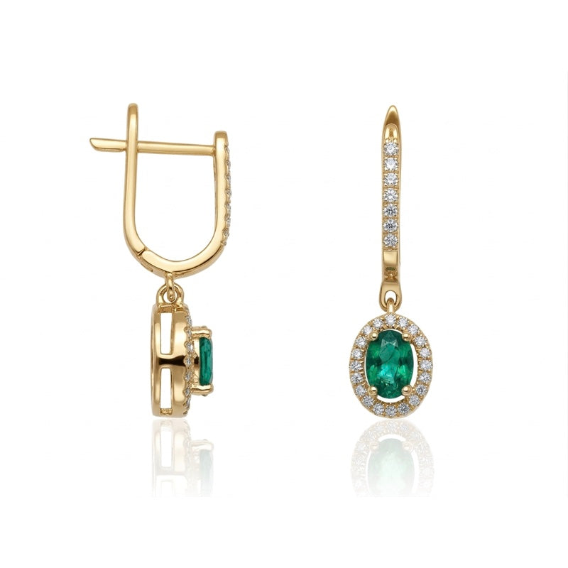 E-42347-EM-Y  Diamond & Emerald Halo Drop Earrings