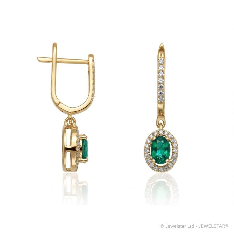 E-42347-EM-Y  Diamond & Emerald Halo Drop Earrings