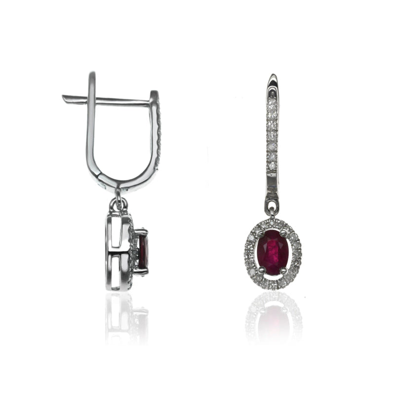 E-42347-RU-W  Diamond & Ruby Halo Drop Earrings