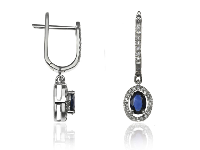 E-42347-SA-W  Diamond & Sapphire Halo Drop Earrings