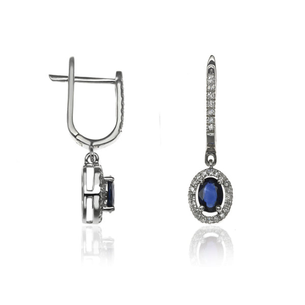 E-42347-SA-W - Diamond & Sapphire Halo Drop Earrings