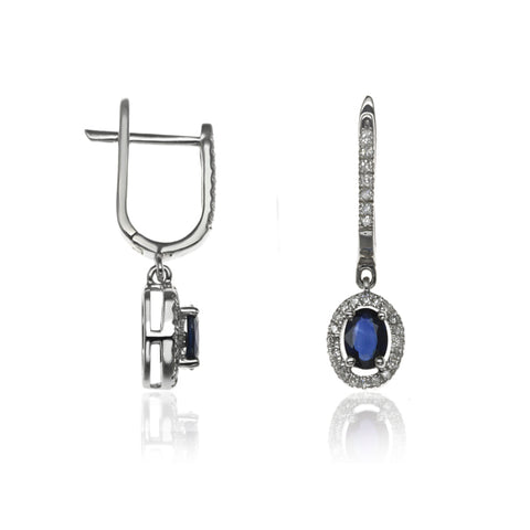 E-42347-SA-W  Diamond & Sapphire Halo Drop Earrings