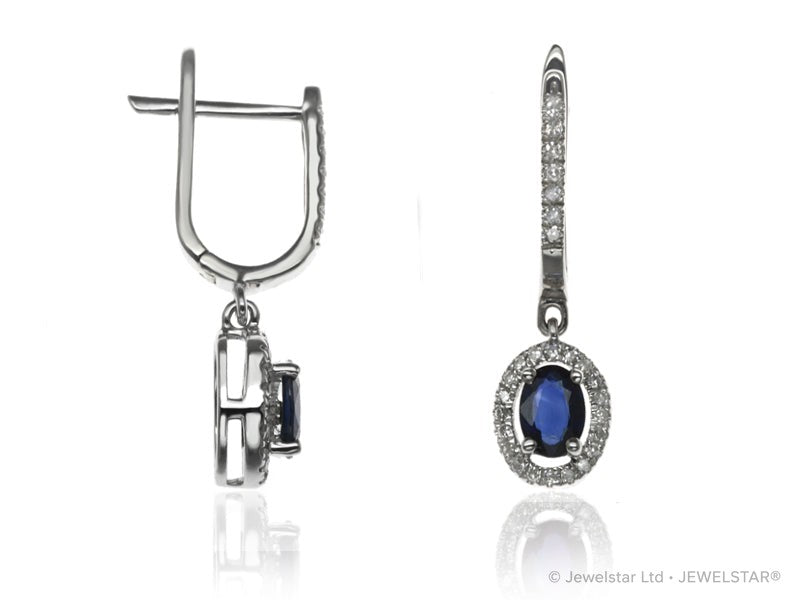 E-42347-SA-W  Diamond & Sapphire Halo Drop Earrings