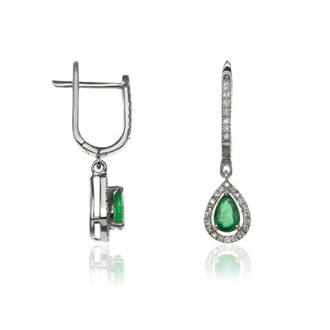 E-42348-EM-W  Diamond & Emerald Halo Drop Earrings