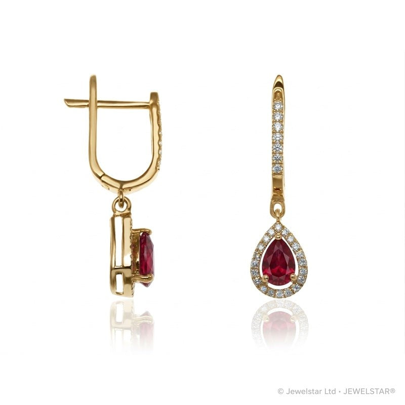 E-42348-RU-Y  Diamond & Ruby Halo Drop Earrings