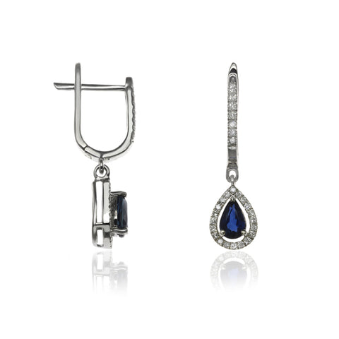 E-42348-SA-W  Diamond & Sapphire Halo Drop Earrings