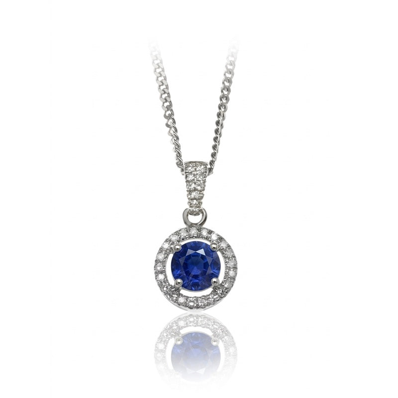 P-42346-SA-W   Diamond & Sapphire Halo Pendant