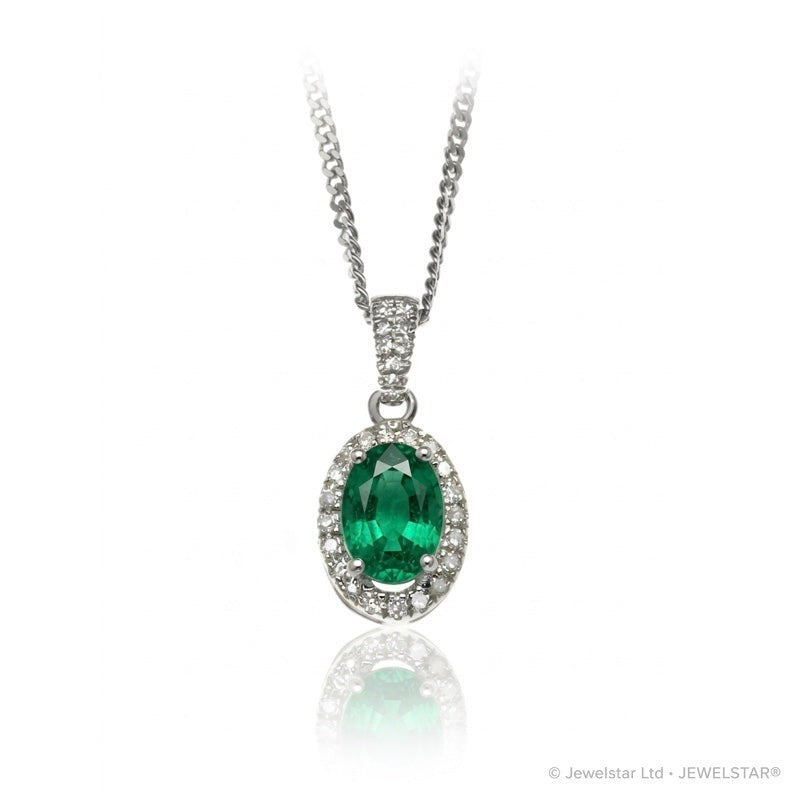 P-42347-EM-W   Diamond & Emerald Halo Pendant