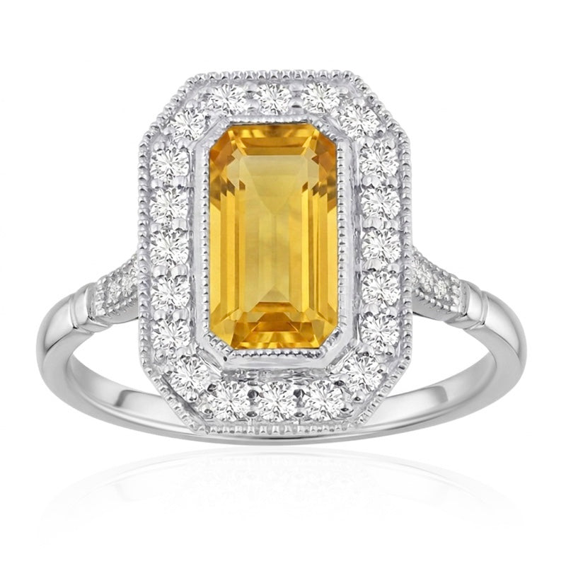 R-25201-CT-W  Diamond & Citrine Vintage Ring