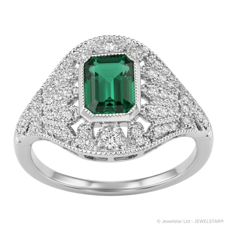 R-25202-EM-W  Diamond & Emerald Vintage Ring