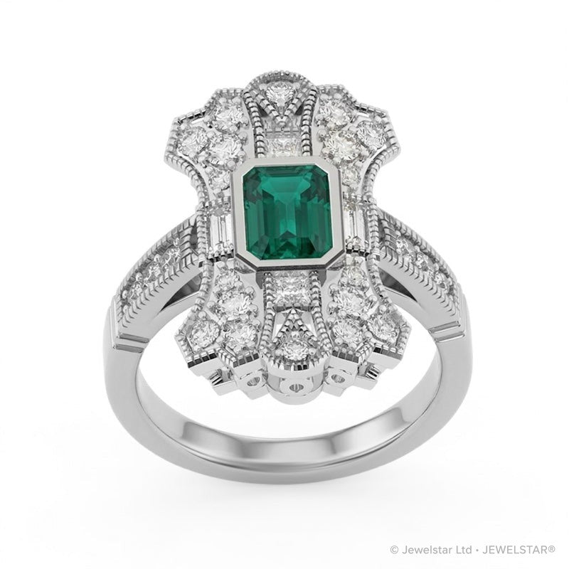 R-25205-EM-W  Diamond & Emerald Vintage Ring