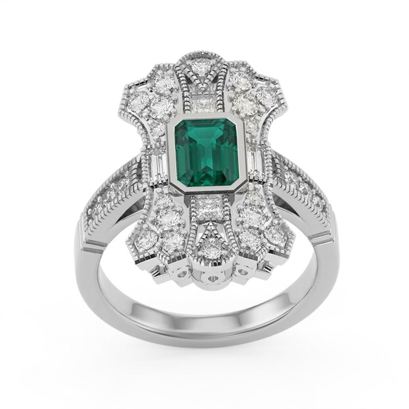 R-25205-EM-W  Diamond & Emerald Vintage Ring