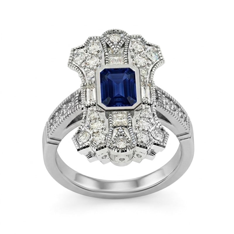 R-25205-SA-W  Diamond & Sapphire Vintage Ring