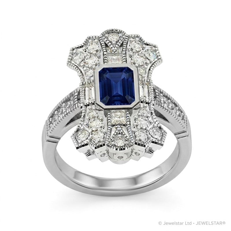 R-25205-SA-W  Diamond & Sapphire Vintage Ring