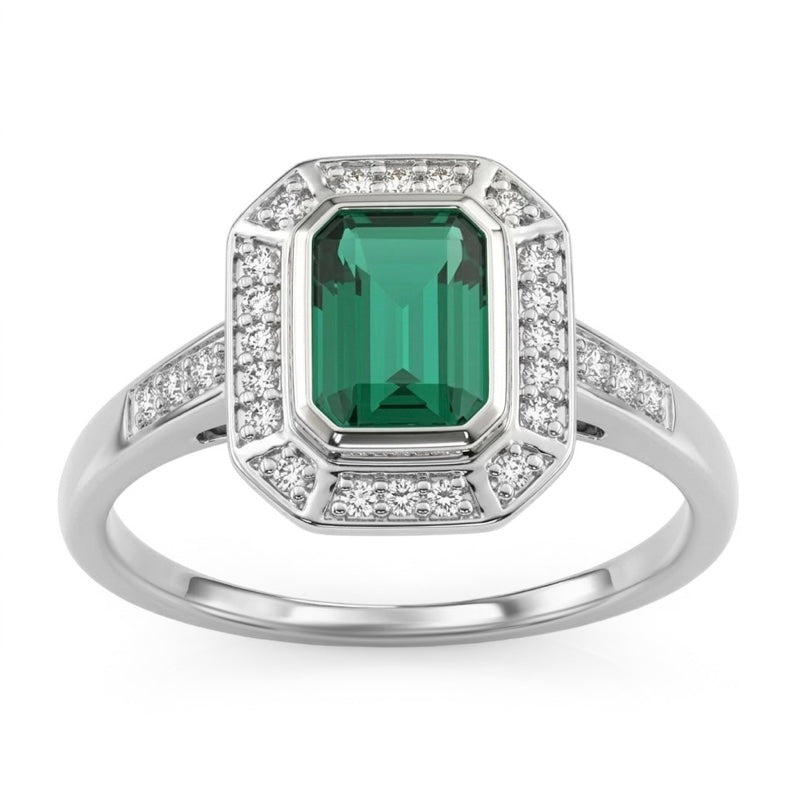 R-25209-EM-W  Diamond & Emerald Vintage Ring