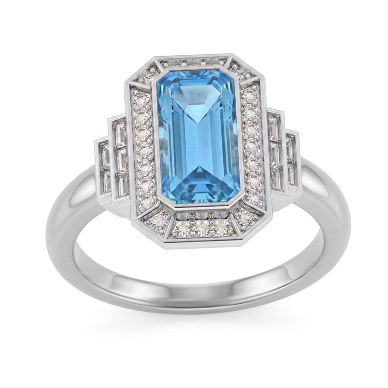 R-25210-BT-W  Diamond & Blue Topaz Vintage Ring