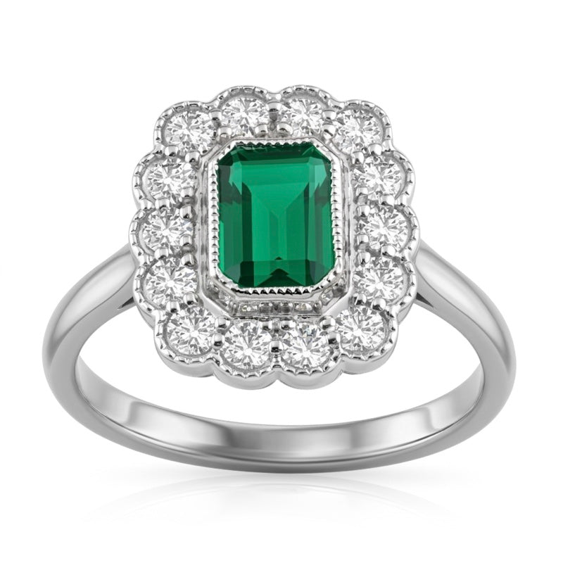 R-25218-EM-W  Diamond & Emerald Vintage Ring