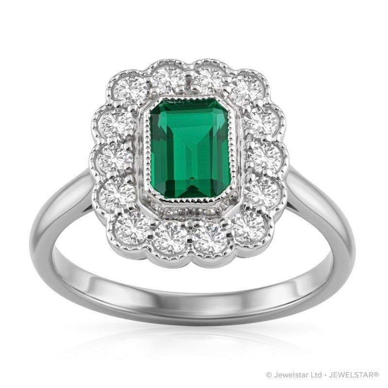 R-25218-EM-W  Diamond & Emerald Vintage Ring