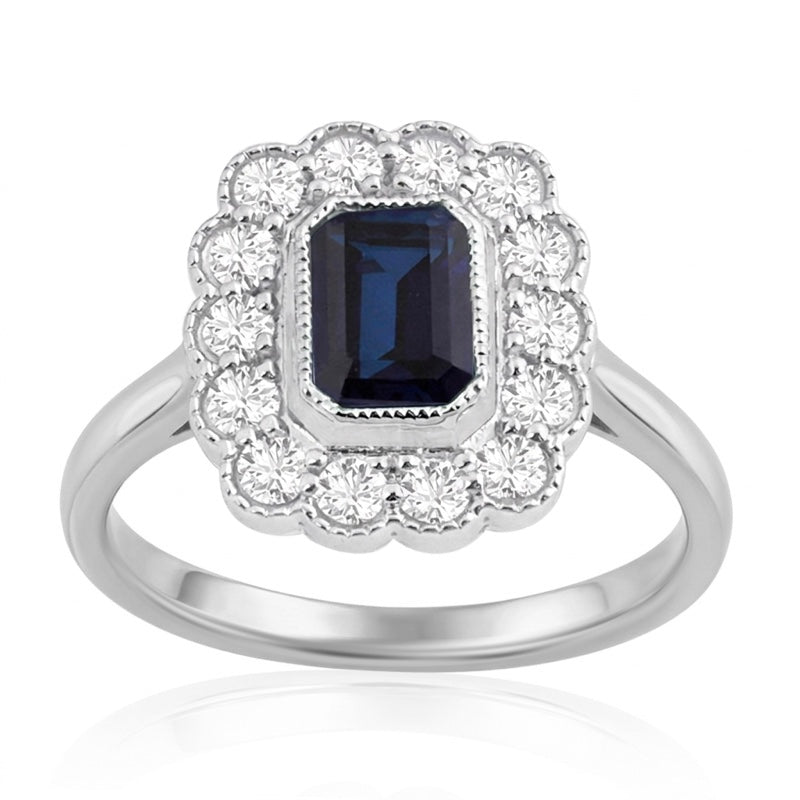 R-25218-SA-W  Diamond & Sapphire Vintage Ring