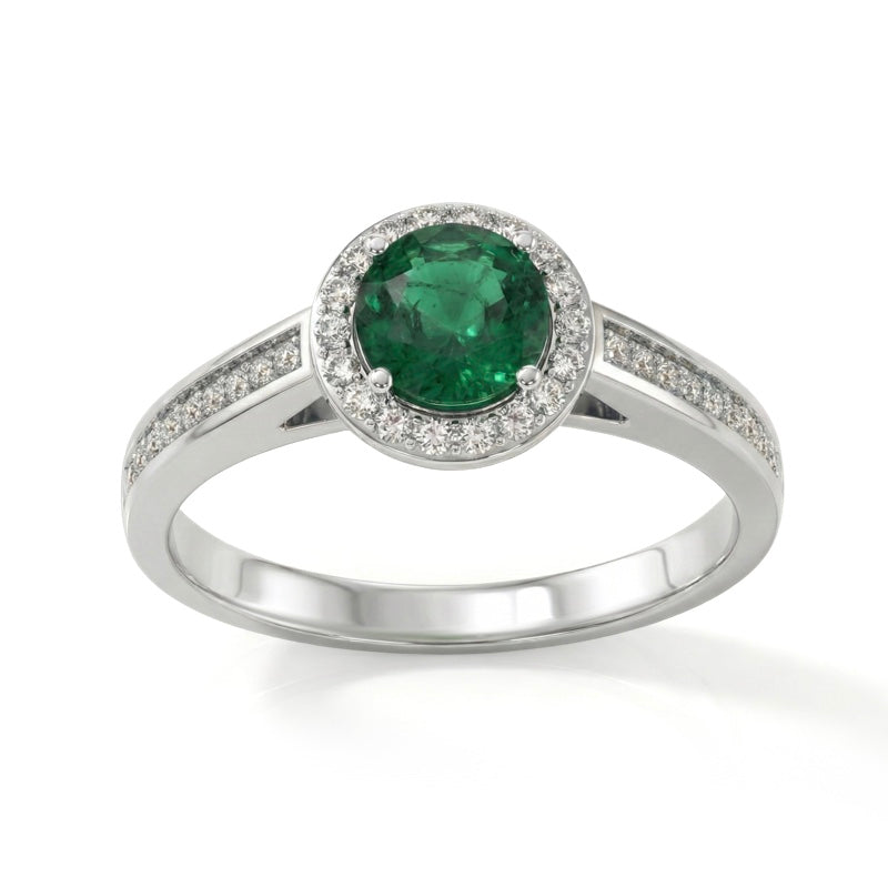 R-42346-EM-W  Diamond & Emerald Halo Ring