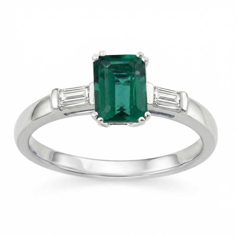 R-44636-EM-W   Diamond & Emerald Three Stone Ring