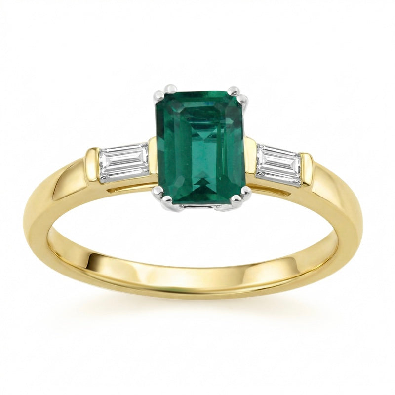 R-44636-EM-Y   Diamond & Emerald Three Stone Ring