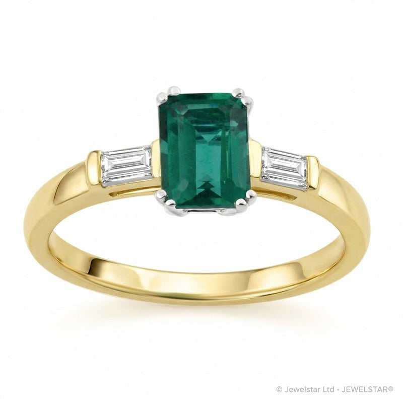 R-44636-EM-Y   Diamond & Emerald Three Stone Ring