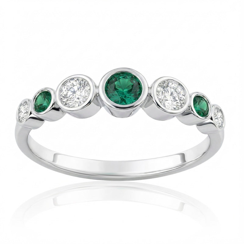 R-44656-EM-W   Diamond & Emerald Seven Stone Ring