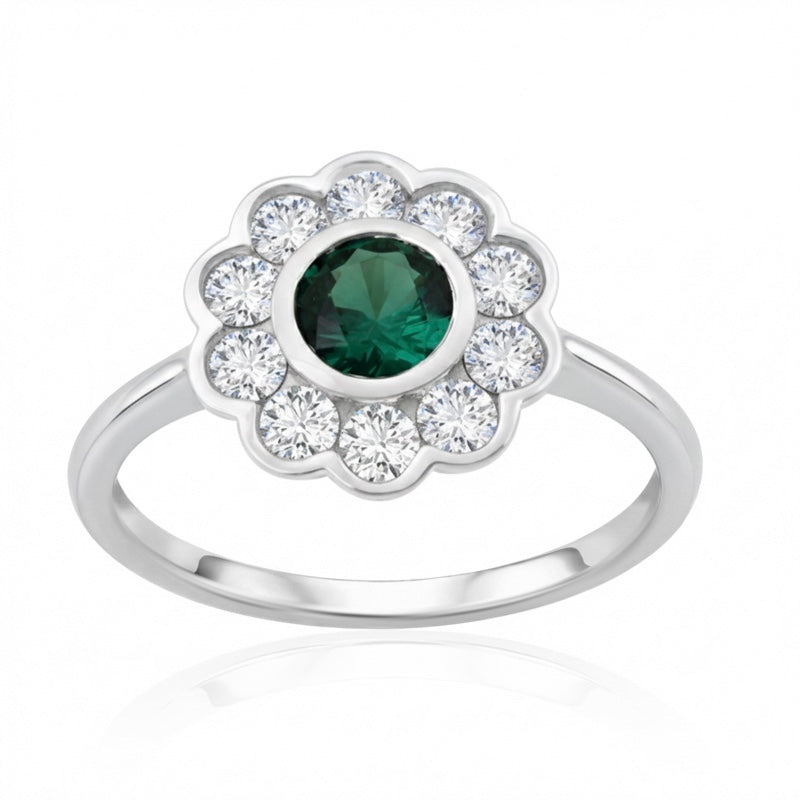 R-44660-EM-W    Diamond & Emerald Cluster Ring