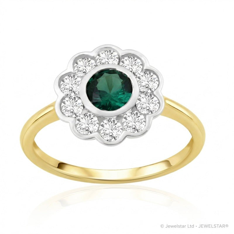 R-44660-EM-Y    Diamond & Emerald Cluster Ring