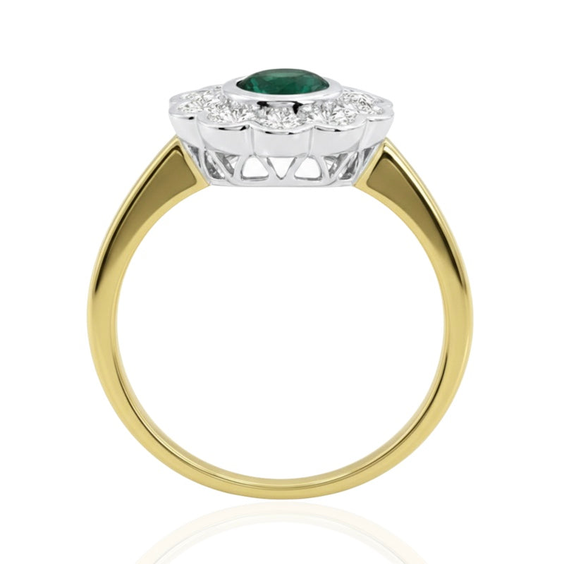 R-44660-EM-Y    Diamond & Emerald Cluster Ring