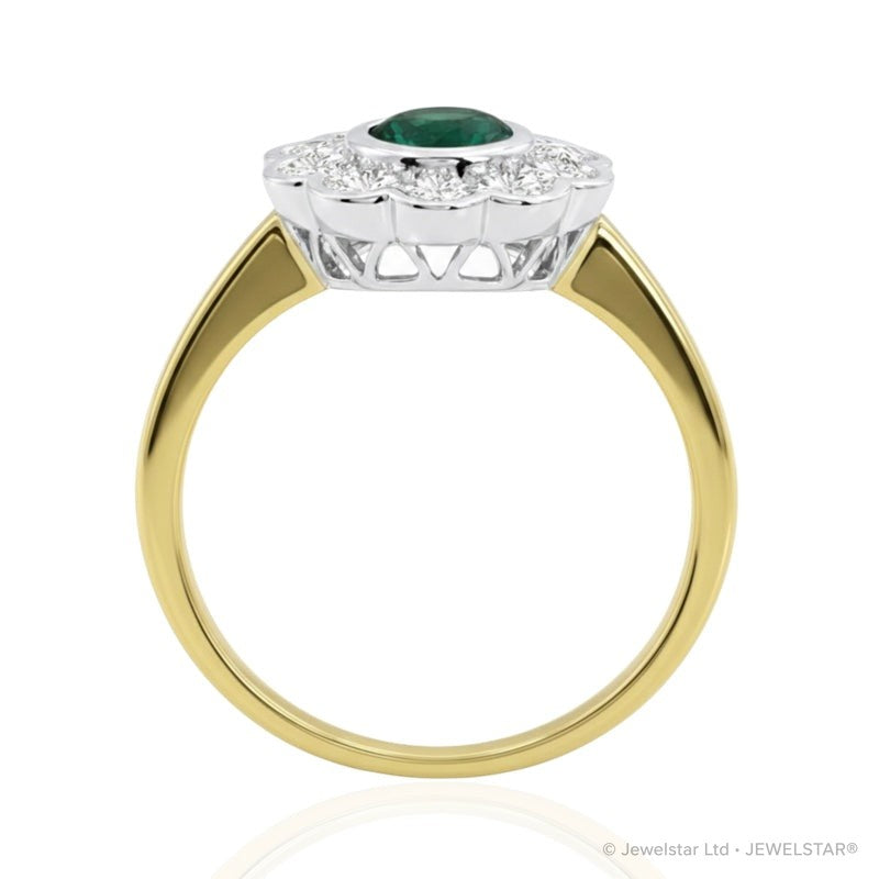 R-44660-EM-Y    Diamond & Emerald Cluster Ring
