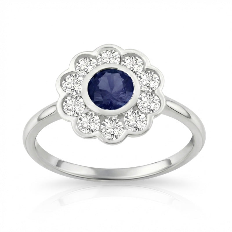 R-44660-SA-W    Diamond & Sapphire Cluster Ring