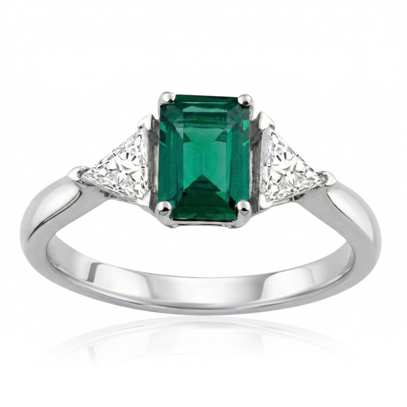 R-44662-EM-W   Diamond & Emerald Three Stone Ring