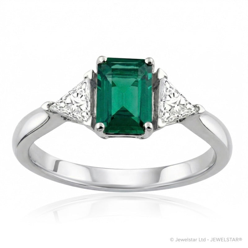 R-44662-EM-W   Diamond & Emerald Three Stone Ring