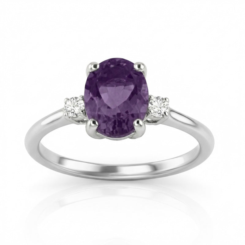 R-44663-AM-W  Diamond & Amethyst Three Stone Ring